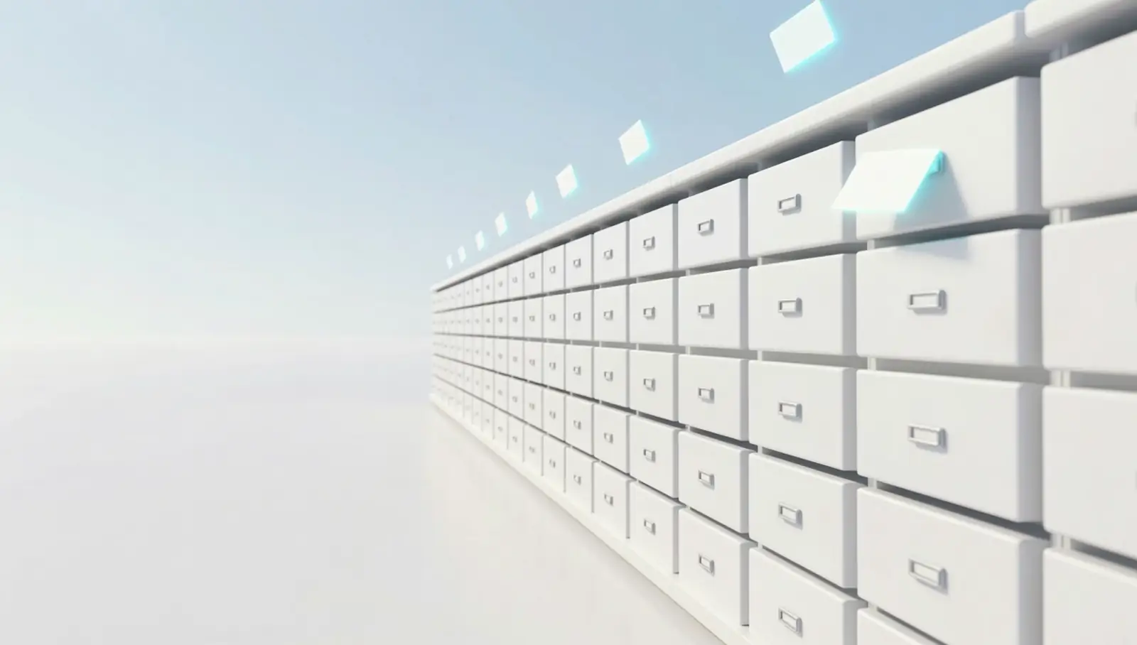 A vast archive hall of card catalog drawers